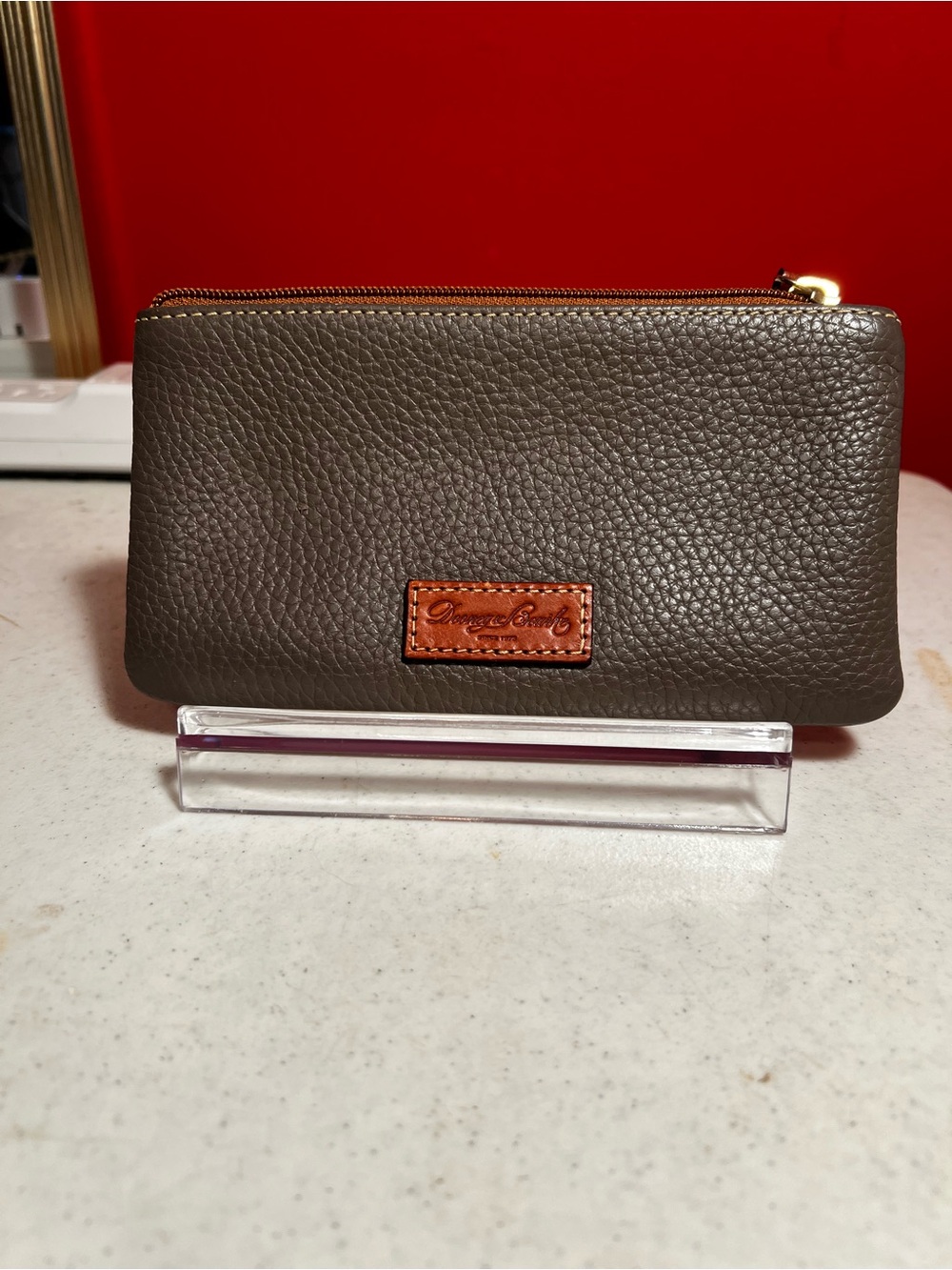 Dooney & Bourke Gray Pebble Leather Toiletry Pouch with Tan Logo Patch